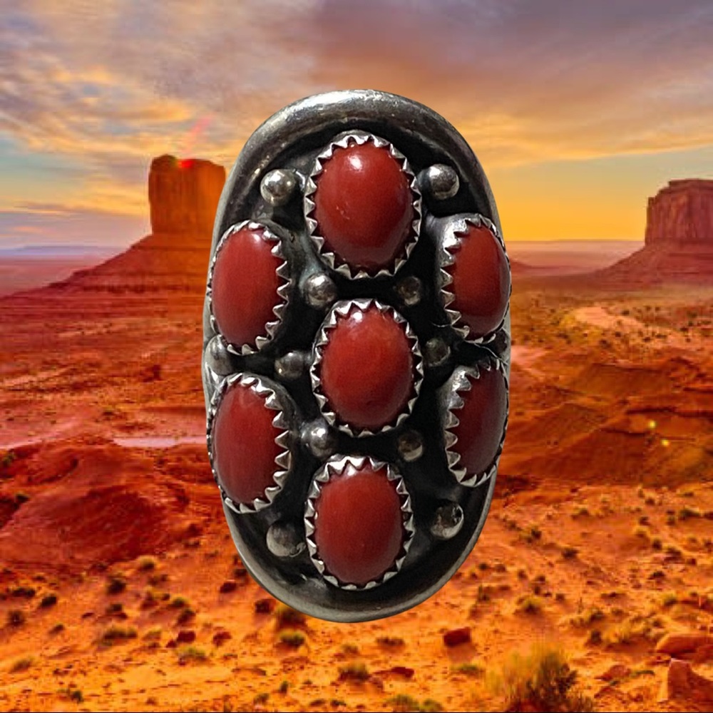 Sterling Silver Native American Coral Saddle Ring Size 8 3/4
